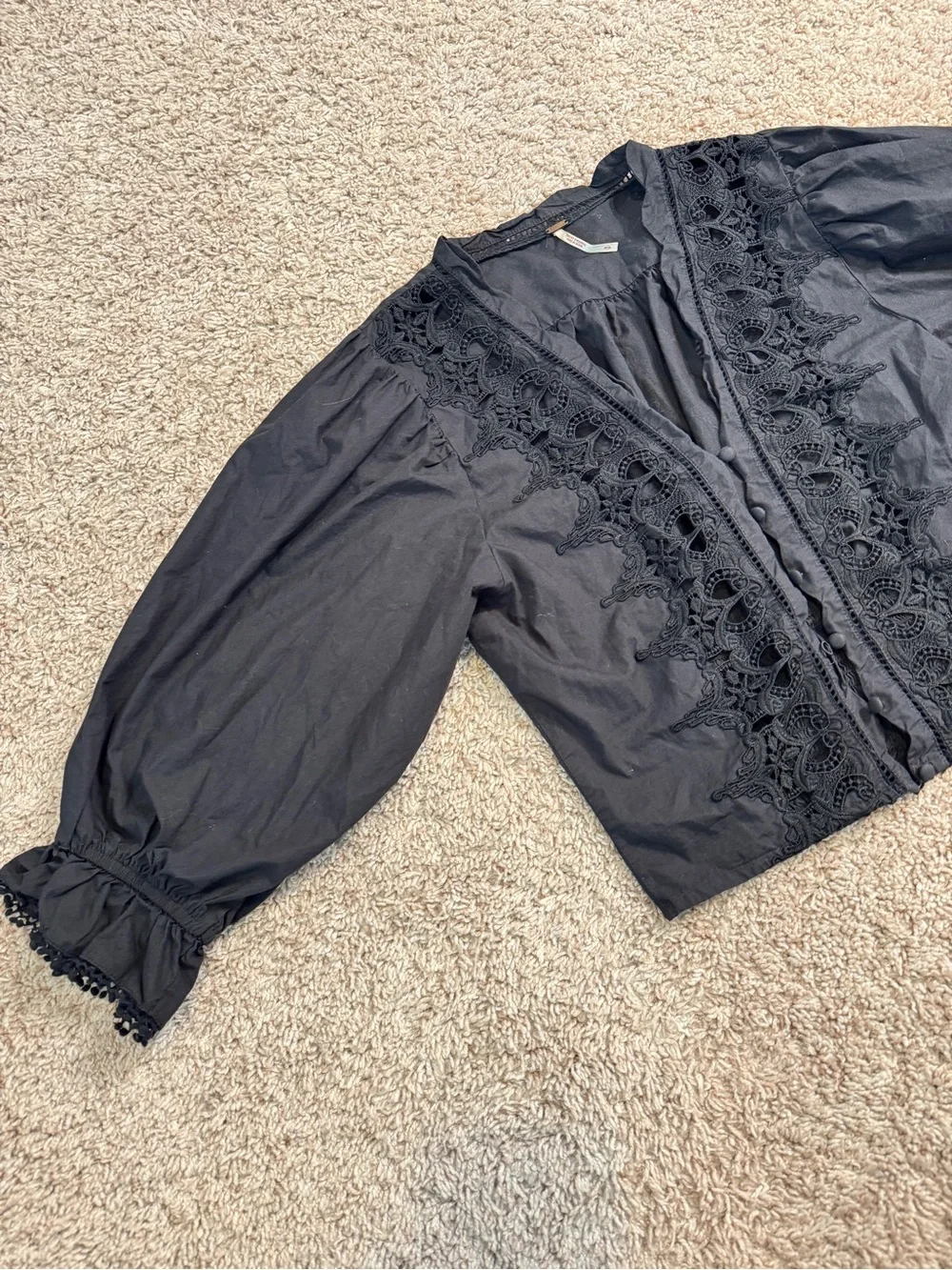 Free People Black Louella Embroidered Crochet Cropped Cotton Black Top Size S